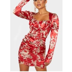 Red satin oriental dragon print ruched bodycon dress